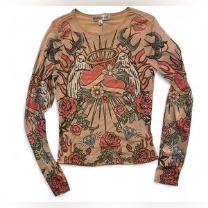 Madden Girl long sleeve sheer tattoo print top size small. New